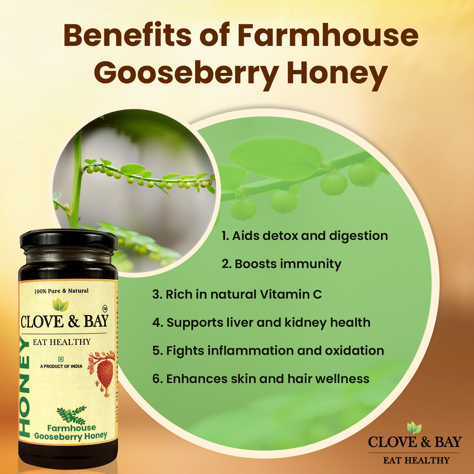 Advertisement for Clove & Bay Farmhouse Gooseberry Honey with honey jar and gooseberry plant image.