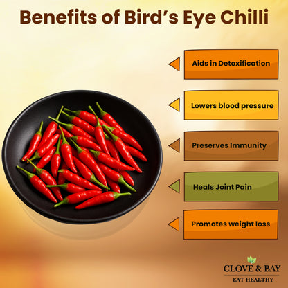 Bowl of red bird's eye chilies with health benefits listed on a gradient background