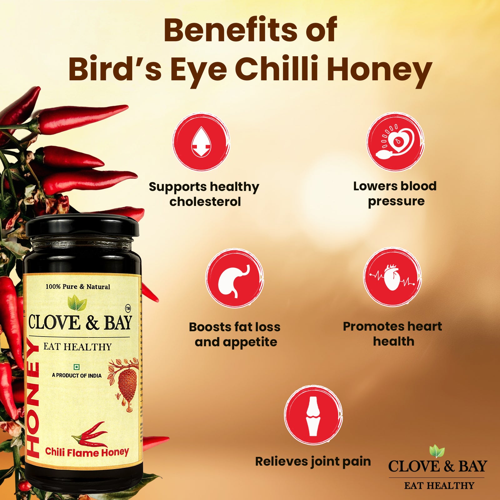 Clove & Bay Chilli Flame Honey bottle with benefits listed on a beige background