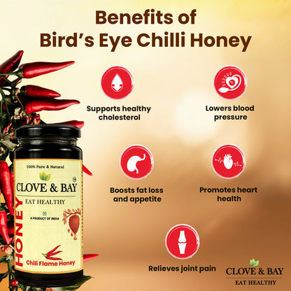 Clove & Bay Chilli Flame Honey bottle with benefits listed on a beige background