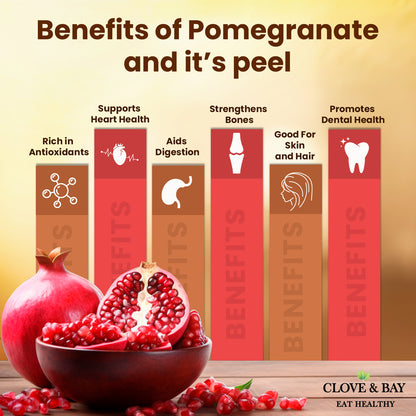 Pomegranate with its peel and a list of benefits on a wooden surface.